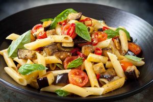 Tuscan Style Pasta with Navy beans, Eggplant, tomatoes, and basil